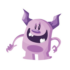 Purple cartoon monster smiling white background vector illustration.