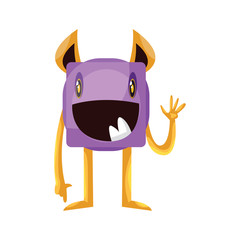 Smilling waving purple monster with long yellow arms and legs white background vector illustration.