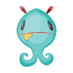 Confused blue ghost monster with pale red ears white background vector illustration.
