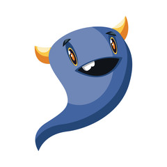Happy ghost cartoon blue monster with small yellow horns white background vector illustration.