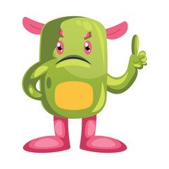 Angry green cartoon monster with pink ears and legs white background vector illustration.