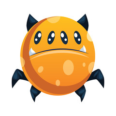 Orange doted spider looking cartoon character with four eyes and black legs and ears white background vector illustration.