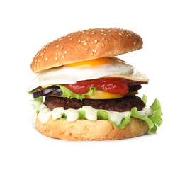 Tasty burger with fried egg on white background