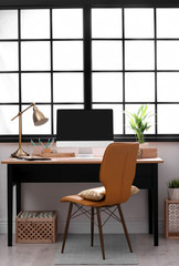 Modern home workplace with wooden crates. Eco style interior