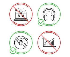 Do or Stop. Headphones, Vinyl record and Best manager icons simple set. Graph sign. Earphones, Retro music, Best developer. Presentation diagram. Education set. Line headphones do icon. Vector