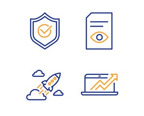 Approved shield, Startup rocket and View document icons simple set. Sales diagram sign. Protection, Business innovation, Open file. Sale growth chart. Education set. Linear approved shield icon