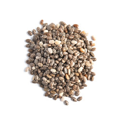 Pile of chia seeds isolated on white, top view