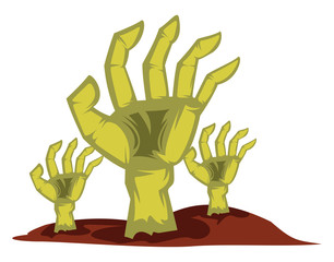 Three yellow hands rising from the ground halloween vector illustratoin on white background.