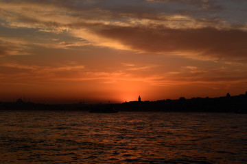 Orange color sunset in Istanbul bosphorus