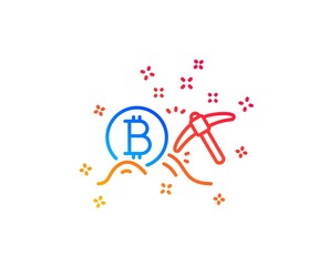 Bitcoin mining line icon. Cryptocurrency coin sign. Crypto money pickaxe symbol. Gradient design elements. Linear bitcoin mining icon. Random shapes. Vector