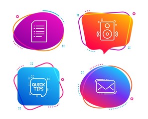 Quick tips, Speakers and Document icons simple set. Messenger mail sign. Helpful tricks, Sound, Information file. New e-mail. Education set. Speech bubble quick tips icon. Colorful banners design set