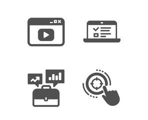 Set of Video content, Web lectures and Business portfolio icons. Seo target sign. Browser window, Online test, Job interview. Click aim.  Classic design video content icon. Flat design. Vector