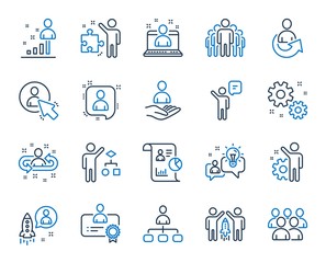 Management line icons. Set of Business audit, Startup strategy and Employee icons. Business strategy, Startup and Teamwork. Organization management, report and group algorithm. Employee job. Vector
