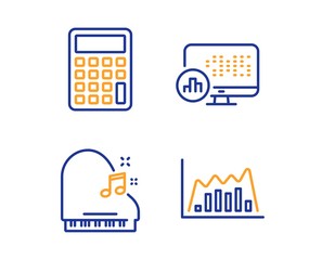 Calculator, Report statistics and Piano icons simple set. Infographic graph sign. Accounting device, Graph chart, Fortepiano. Line diagram. Education set. Linear calculator icon. Colorful design set