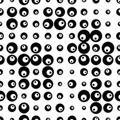 Black and white seamless pattern with halftone circles. Abstract geometrical pattern of round shape. Screen print. Vector illustration. 