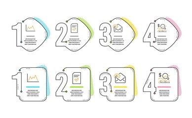 Diagram, Receive mail and Checked file icons simple set. Check investment sign. Growth graph, Incoming message, Correct document. Business report. Education set. Infographic timeline. Vector