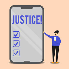 Handwriting text Justice. Conceptual photo Quality of being just impartial or fair Administration of law rules Man Presenting Huge Blank Screen Smartphone while Holding Another Mobile