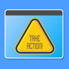 Obraz premium Word writing text Take Action. Business photo showcasing do something official or concerted to achieve aim with problem Blank Yellow Embossed Triangle with Border as Web Button In Tablet Screen