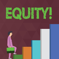 Word writing text Equity. Business photo showcasing Value of a company divided into equal parts owned by shareholders Businessman Carrying a Briefcase is in Pensive Expression while Climbing Up
