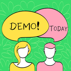 Conceptual hand writing showing Demo. Concept meaning Trial Beta Version Free Test Sample Preview of something Prototype Faces of Male and Female Colorful Speech Bubble Overlaying