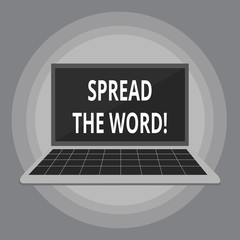 Writing note showing Spread The Word. Business concept for share the information or news using social media Laptop with Grid Design Keyboard Screen on Pastel Backdrop