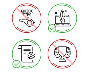 Do or Stop. Start business, Technical documentation and Tutorials icons simple set. Winner sign. Launch idea, Manual, Quick tips. Sports achievement. Education set. Line start business do icon