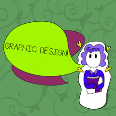 Conceptual hand writing showing Graphic Design. Concept meaning Art of combining Text Images in advertising Girl Holding Book with Hearts Around her and Speech Bubble