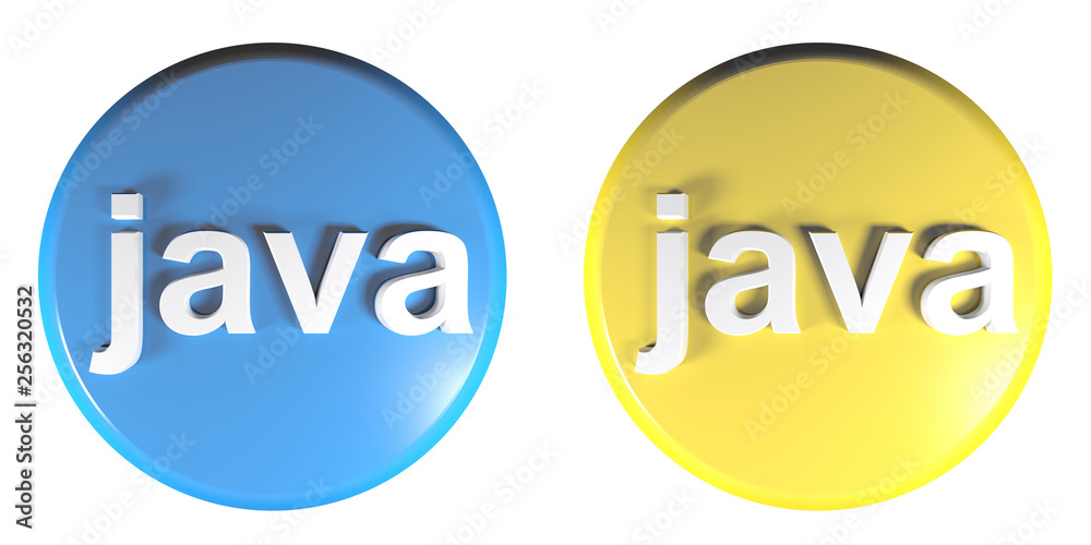 Poster blue - yellow circle java push buttons - 3d rendering illustration