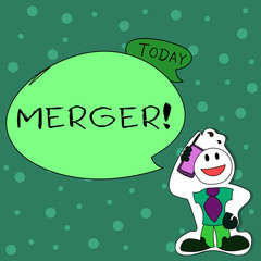 Writing note showing Merger. Business concept for Combination of two things or companies Fusion Coalition Unification Man in Necktie Holding Smartphone to Head in Sticker Style