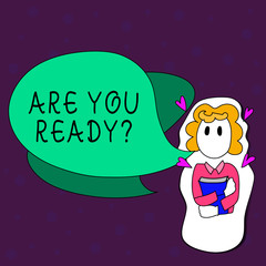 Text sign showing Are You Ready Question. Business photo text used telling someone start something when feel prepared Girl Holding Book with Small Hearts Around her and Two Color Speech Bubble