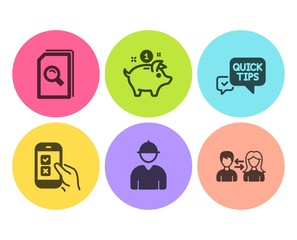 Engineer, Quick tips and Saving money icons simple set. Mobile survey, Search files and People communication signs. Worker profile, Helpful tricks. Business set. Flat engineer icon. Circle button