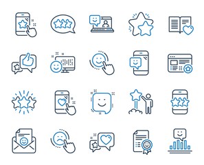 Feedback line icons. Set of User Opinion, Customer service and Star Rating icons. Testimonial, Positive negative emotion, Customer satisfaction. Social media feedback, star rating technology. Vector