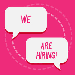 Handwriting text We Are Hiring. Conceptual photo recently employ someone or pay him to do particular job Two Blank White Speech Balloon Engaging in Conversation on Pastel Backdrop