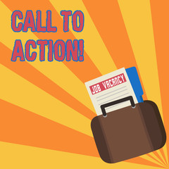 Naklejka premium Text sign showing Call To Action. Business photo showcasing exhortation do something in order achieve aim with problem Announcement File Folder for Employment Opportunity Tucked Inside Briefcase