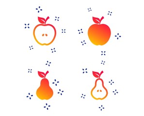 Fruits with leaf icons. Apple and Pear with seeds signs. Natural food symbol. Random dynamic shapes. Gradient fruit icon. Vector