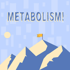 Writing note showing Metabolism. Business concept for Chemical processes in body to produce energy food processing Mountains with Shadow Indicating Time of Day and Flag Banner