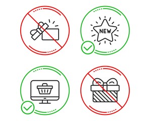 Do or Stop. Opened gift, New star and Web shop icons simple set. Gift sign. Present box, Shopping, Shopping cart. Present. Holidays set. Line opened gift do icon. Prohibited ban stop. Good or bad
