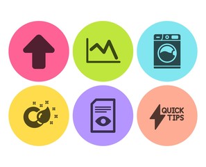 Washing machine, View document and Paint brush icons simple set. Line chart, Upload and Quickstart guide signs. Laundry service, Open file. Business set. Flat washing machine icon. Circle button