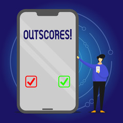 Writing note showing Outscores. Business concept for Score more point than others Examination Tests running Health care Man Presenting Huge Smartphone while Holding Another Mobile