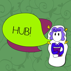 Conceptual hand writing showing Hub. Concept meaning Device connecting computers Center of Wheel Activities Transportation Girl Holding Book with Hearts Around her and Speech Bubble