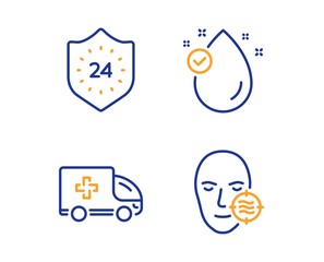 Vitamin e, 24 hours and Ambulance emergency icons simple set. Problem skin sign. Oil drop, Protection, Medical transport. Facial care. Medical set. Linear vitamin e icon. Colorful design set. Vector