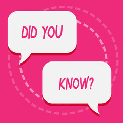 Handwriting text Did You Know Question. Conceptual photo when you are asking someone if they know fact or event Two Blank White Speech Balloon Engaging in Conversation on Pastel Backdrop