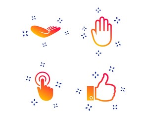 Hand icons. Like thumb up symbol. Click here press sign. Helping donation hand. Random dynamic shapes. Gradient hand icon. Vector