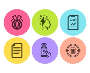 Brainstorming, Approved and Phone payment icons simple set. Report document, File and Calculator target signs. Lightning bolt, Winner badge. Education set. Flat brainstorming icon. Circle button