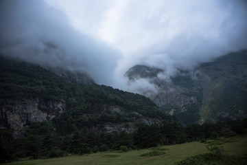 Fototapeta na wymiar Mountains of the North Caucasus, mountain tops in clouds. Wild nature