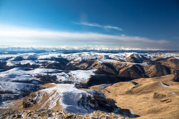 Mountains of the North Caucasus, mountain tops in clouds. Wild nature