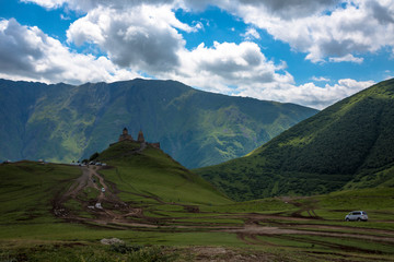 Mountains of the North Caucasus, mountain tops in clouds. Wild nature