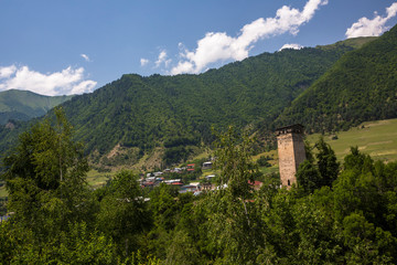 Obraz premium Mountains of the North Caucasus, mountain tops in clouds. Wild nature