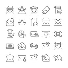 Mail message line icons. Email document, Newsletter, Correspondence icons. Received mail, Secure message and Web letter. Post office newsletter, Send email document, private communication. Vector