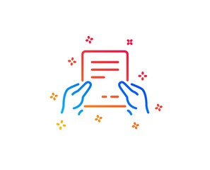 Hold Document line icon. Agreement Text File sign. Contract with signature symbol. Gradient design elements. Linear receive file icon. Random shapes. Vector
